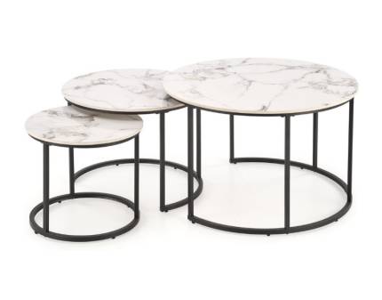 Set 3 masute GILDA din piatra sinterizata cu efect de marmura alba, metal alb 45xH40cm / 60xH45cm / 80xH50cm