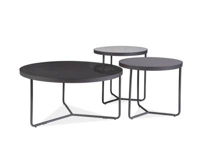 Set 3 masute ARTEMIDA in sticla gri deschis + negru + gri, metal negru 80xH40cm / 50xH50cm / 50xH45cm