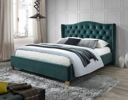 Pat tapitat cu somiera ASPEN VELVET 140/ 160/ 180cm catifea green, picioare nuanta lemnului