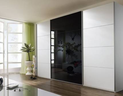 Dulap cu usi glisante KULMBACH 271x210x62cm alb alpin/ sticla basalt configurabil