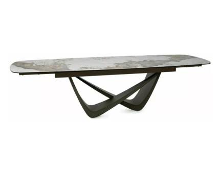Masa extensibila MARANELLO CERAMIC PANDORO din sticla securizata si ceramica Pandoro alb lucios, metal cupru 200-290x90xH77cm