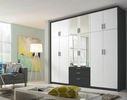 Dulap cu 12 usi cu balamale si 3 sertare HILDESHEIM EXTRA 271x229x54cm alb alpin/ gri metalic - oglinda 