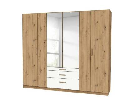 Dulap cu 6 usi cu balamale si 3 sertare MOSBACH 226x210x54cm stejar Artisan/ alb alpin - oglinda