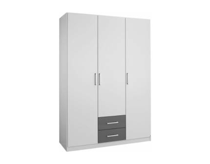 Dulap cu 3 usi cu balamale si 2 sertare ALBERO EXTRA 136x197x54cm alb alpin/ gri metalic, manere aluminiu