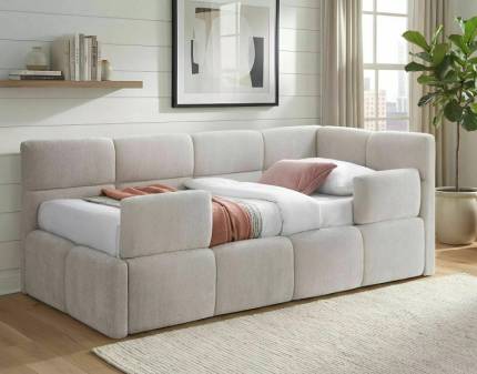 Pat tapitat cu somiera, spatiu pentru depozitare si protectii pentru pat EMMA RAVEN (120x200cm) material textil beige