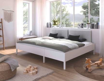 Cadru pat cu tablie tapitata MARE (240x200cm) alb alpin, material textil grey