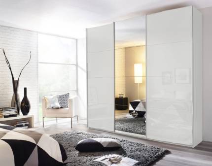 Dulap cu usi glisante KULMBACH 203x229x62cm alb alpin/ sticla alba-oglinda configurabil