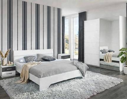 Set dormitor BARCELONA, MEMPHIS, HEINSBERG cadru pat (180x200cm), Memphis dulap 181x210x62cm alb alpin/ oglinda si Barcelona set 2 noptiere alb alpin/ gri metalic
