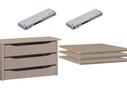 Pachet caseta cu 3 sertare 88x57cm + set 3 polite 88x48cm + set 2 sisteme soft-close pentru dulapul cu usi glisante 