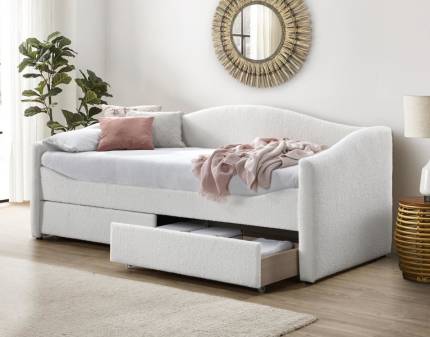Pat tapitat cu somiera si sertare pentru depozitare CAYDENCE (90x200cm) material plusat cream