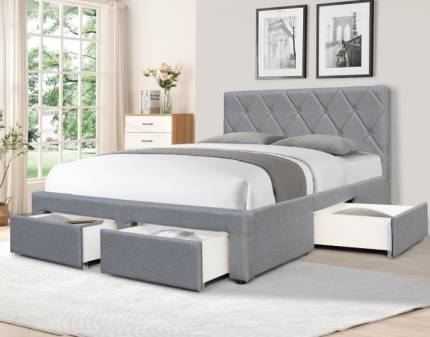 Pat tapitat cu somiera si sertare pentru depozitare BETINA (140x200cm) material textil grey