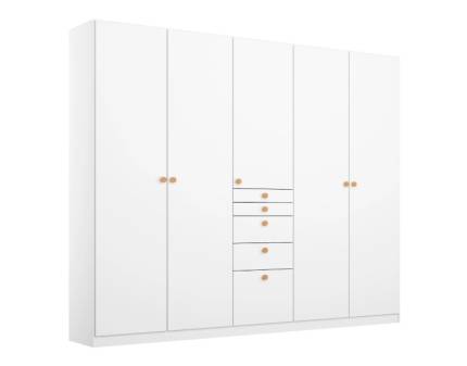 Dulap cu 5 usi cu balamale si 5 sertare FREYJA 226x210x54cm alb alpin, manere stejar