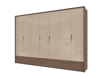 Dulap cu 7 usi cu balamale si 3 sertare LEFT 322x226x60cm Mokka HG lucios + Linkoln Walnut, manere incorporate antracit, cu rama passepartout 