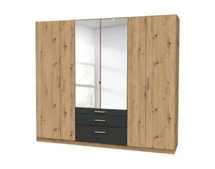 Dulap cu 6 usi cu balamale si 3 sertare MOSBACH 226x210x54cm stejar Artisan/ gri metalic - oglinda