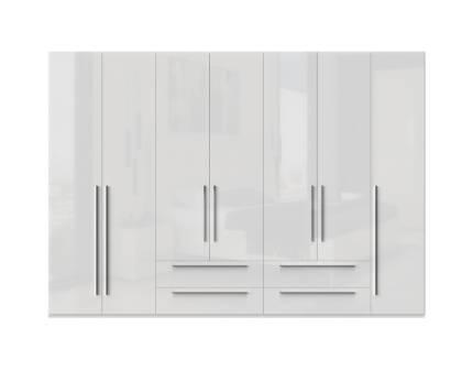 Dulap cu 7 usi cu balamale si 4 sertare PIANO WHITE 317x224x56cm alb lucios, maner crom