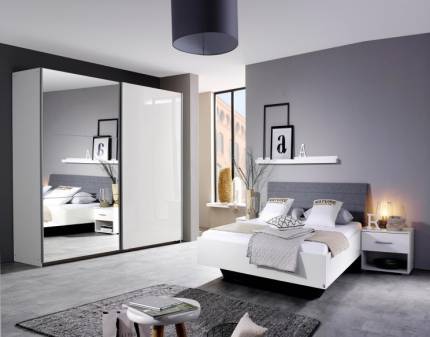 Cadru pat cu tablie tapitata HALLE (120x200cm) alb lucios + material textil gri