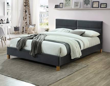 Pat tapitat cu somiera SIERRA VELVET (160x200cm) catifea grey, picioare nuanta lemnului
