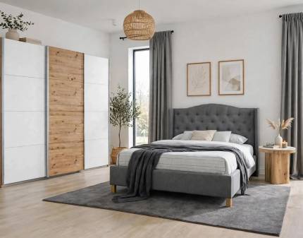 Set dormitor KULMBACH, MAGNUM S, ASPEN pat gri (140x200cm), Kulmbach dulap 271x229x62cm alb alpin/ stejar wotan, Magnum S masuta
