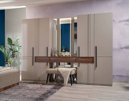 Dulap cu 12 usi cu balamale si 3 sertare SAVANORA - HENNA 324x230x60cm cu taburet inclus si oglinda