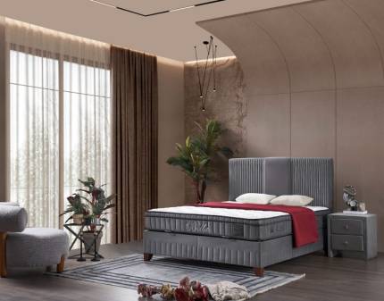 Pat tapitat cu saltea si spatiu pentru depozitare BELLA (140x200cm) grey 