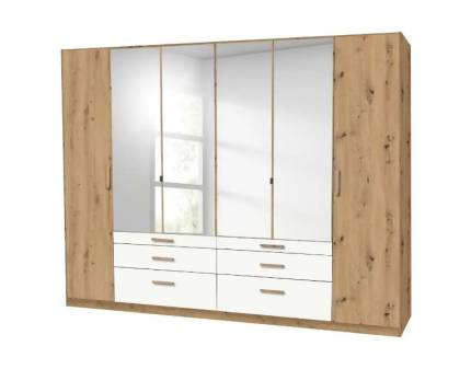 Dulap cu 6 usi cu balamale si 3 sertare MOSBACH 271x210x54cm stejar Artisan/ alb alpin - oglinda
