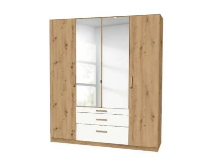 Dulap cu 4 usi cu balamale si 3 sertare MOSBACH 181x210x54cm stejar Artisan/ alb alpin - oglinda