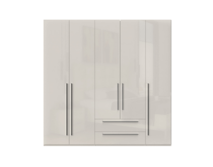 Dulap cu 5 usi cu balamale si 2 sertare PIANO BEIGE 227x224x56cm bej lucios, manere crom