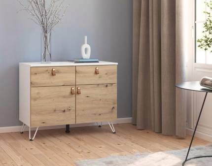 Comoda cu 2 usi si 2 sertare ADITIO HOMEY 93x73x43cm alb alpin/ stejar Artisan 