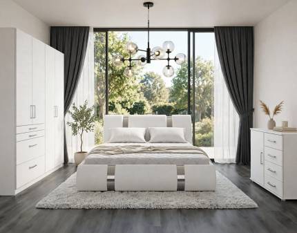 Set dormitor ATLANTIS + HOMBURG + APULIEN pat tapitat ecopiele alba ATALNTIS (160x200cm) cu somiera si lada pt. depozitare, dulap HOMBURG 181x197x54cm, comoda APULIEN 93x81x42cm alb alpin/ alb lucios
