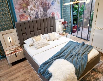 Pat cu somiera si spatiu pentru depozitare si 2 noptiere CASALA (160x200cm) Premium cu design luxury