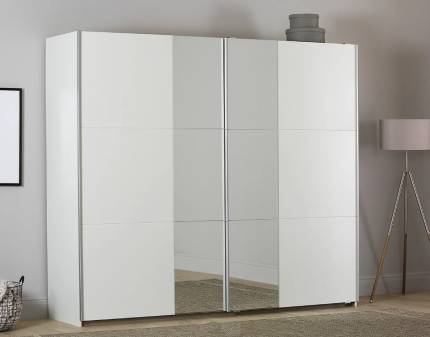 Dulap cu usi glisante FELLBACH 261x210x59cm alb alpin/ oglinda, maner aluminiu