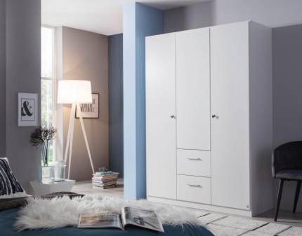 Dulap cu 3 usi cu balamale si 2 sertare BUCHHOLZ 136x197x54cm alb alpin, manere aluminiu