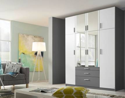 Dulap cu 8 usi cu balamale si 3 sertare HILDESHEIM EXTRA 181x229x54cm alb alpin/ gri metalic - oglinda 