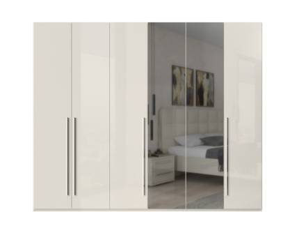 Dulap cu 6 usi cu balamale PIANO BEIGE 272x224x56cm bej lucios/ oglinda, maner crom