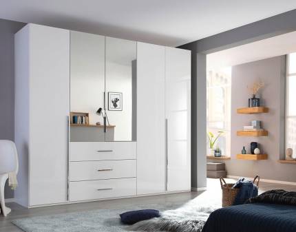 Dulap cu 5 usi cu balamale si 3 sertare MONTCLAR 251x223x60cm alb alpin/ alb lucios - oglinda