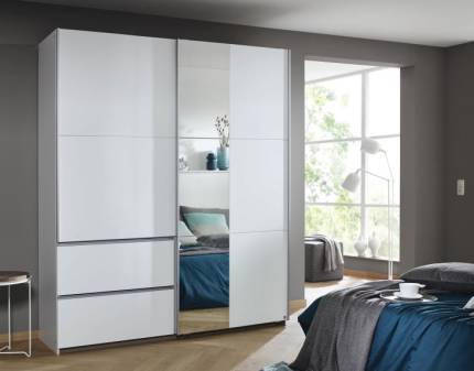 Dulap cu usi glisante si sertare SEVILLA 175x210x59cm alb alpin/ alb lucios - oglinda, maner aluminiu