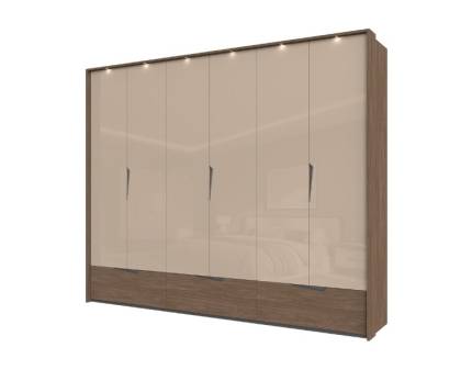 Dulap cu 6 usi cu balamale si 3 sertare LEFT 277x226x60cm Mokka HG lucios + Linkoln Walnut, manere incorporate antracit, cu rama passepartout cu LED 