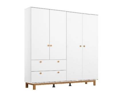 Dulap cu 4 usi cu balamale FREYJA 181x206x53cm alb alpin, picioare si manere stejar