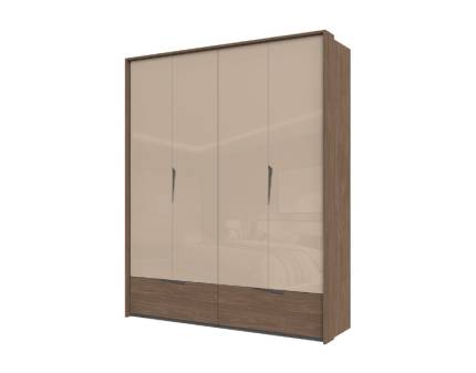 Dulap cu 4 usi cu balamale si 2 sertare LEFT 187x226x60cm Mokka HG lucios + Linkoln Walnut, manere incorporate antracit, cu rama passepartout 