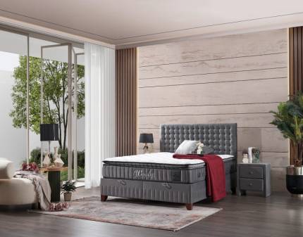 Pat tapitat cu saltea si spatiu pentru depozitare WOOLY (140x200cm) grey 