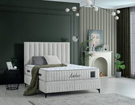 Pat tapitat cu saltea si spatiu pentru depozitare AMBER (140x200cm) cream 