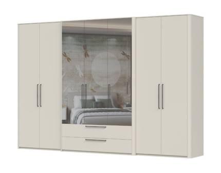 Dulap cu 7 usi cu balamale si 2 sertare AIR 335x225x56cm Pepper White/ oglinda, manere antracit 