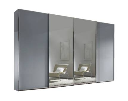 Dulap cu 4 usi glisante 373x222x68cm gri mat/ sticla gri - oglinda, maner crom model 23 SINFONIE PLUS
