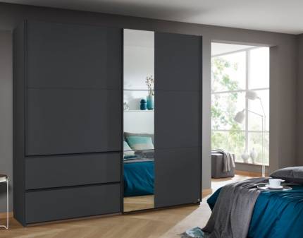 Dulap cu usi glisante si sertare SEVILLA 218x210x59cm gri metalic/ oglinda, maner gri metalic