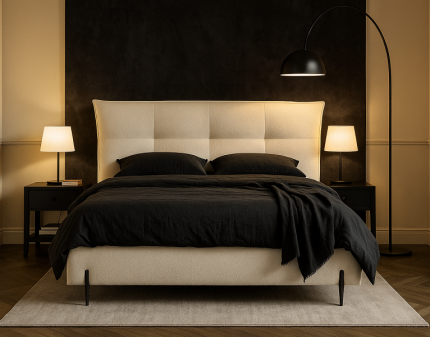 Pat tapitat cu somiera si spatiu pentru depozitare DANAE 140/ 160/ 180cm personalizabil, picioare negre