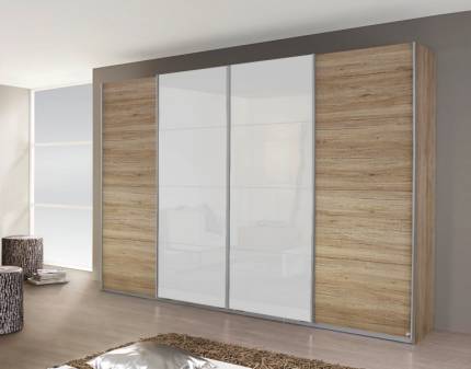 Dulap cu usi glisante SYNCRONO 316x230x62cm stejar/ 2 usi sticla alba, maner aluminiu