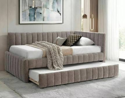 Pat tapitat cu somiera si pat suplimentar ALFIE RAVEN (120x200cm) material textil cappuccino