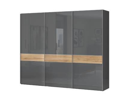Dulap cu usi glisante ONYX 272x224x61cm antracit lucios/ nuc Pacific, maner crom