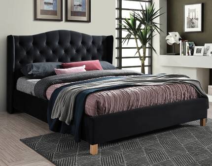 Pat tapitat cu somiera ASPEN VELVET (160x200cm) catifea black, picioare nuanta lemnului
