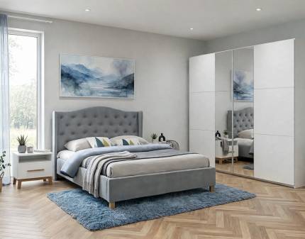 Set dormitor FELLBACH, CARLSSON, ASPEN VELVET pat gri (160x200cm), Fellbach dulap 261x210x59cm alb alpin/ oglinda, Carlsson set noptiere alb alpin/ stejar 